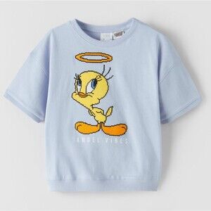 Girls Zara Looney Tunes Logo Tweety Bird 3D Stitched T-Shirt Top Size 6